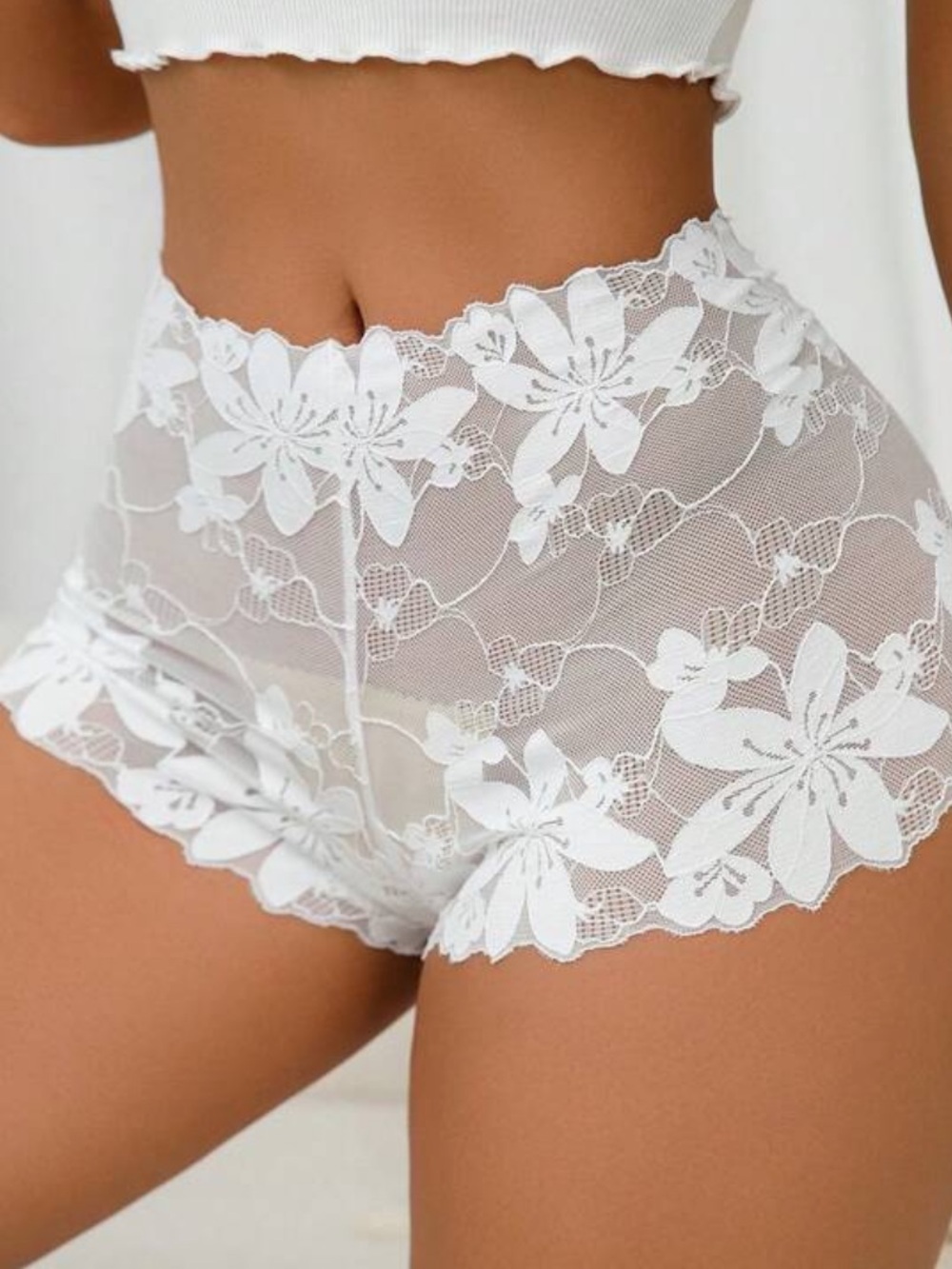 High-Waist Lace Boyshorts – White